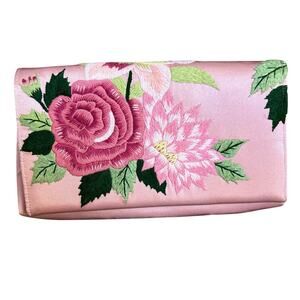 Women's Dolce Vita Pink Satin Embroidered Floral Flap Clutch Wedding Cocktail